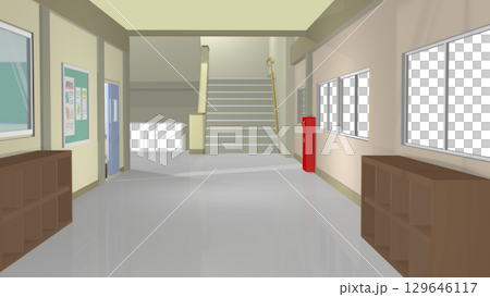 学校の廊下や階段を背景にするアニメーションに最適な画像(窓の外が透明・好きな景色が設置できます) 学校の廊下や階段を背景にするアニメーションに最適な画像(窓の外が透明・好きな景色が設置できます) 129646117