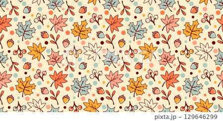 Wide festive fall seamless print. Warm and cozy aesthetic. Colorful leaves and acorns on a cream tone background 129646299