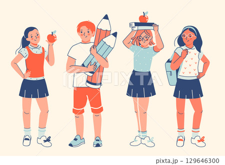 Diverse student group with school supplies. Flat style clipart. Isolated vector elements 129646300