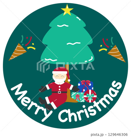 A cartoon clipart of Santa Claus on a green circle background for decorating Christmas cards, printing on T-shirts, or for sublimation design 129646306