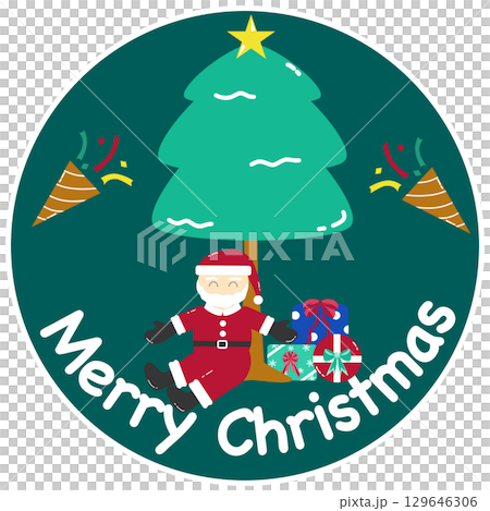 A cartoon clipart of Santa Claus on a green circle background for decorating Christmas cards, printing on T-shirts, or for sublimation design 129646306