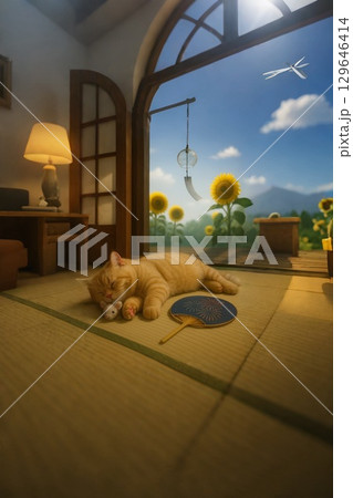 季節は夏、窓辺で寝そべる猫 129646414
