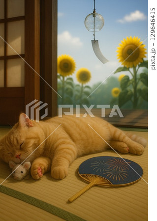 季節は夏、窓辺で寝そべる猫 129646415