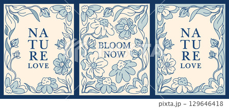 Set of 8.5x11 vintage wall art with hand-drawn floral designs. Perfect for inspirational posters or vertical and romantic home decor. Timeless and elegant graphic 129646418