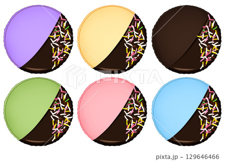 カラースプレーとチョコがかかったマカロンのイラスト 129646466