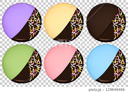 カラースプレーとチョコがかかったマカロンのイラスト 129646466