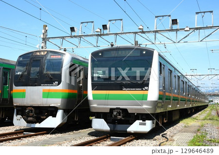 車両基地で並ぶE217系(通勤快速表示)とE233系3000番台(通勤快速・東海道線表示) 車両基地で並ぶE217系(通勤快速表示)とE233系3000番台(通勤快速・東海道線表示) 129646489