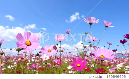 ピンク色のコスモスと青い空　秋の草花 129646496