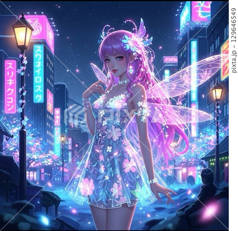 ネオンの木の下ではしゃぐキャバクラの天使 129646549