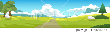 Horizontal or Landscape view illustration banner of dirt road. Winding road leading straight to the valley. Trees and green open fields and mountain under blue sky for background. Horizontal or Landscape view illustration banner of dirt road. Winding road leading straight to the valley. Trees and green open fields and mountain under blue sky for background. 129646643