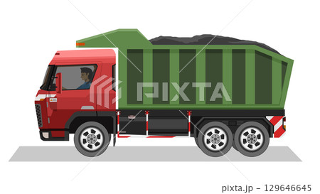 Object of side view arbage truck car red color. Green garbage bin full of garbage. With shadow on isolated white background. 129646645