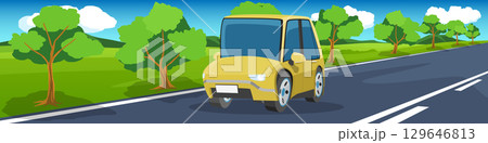 Cartoon vector of mini family car yellow color. Traveling on the road. Perspective view of nature landscape with trees beside road and green meadow. Mountain under blue sky and white clouds. Cartoon vector of mini family car yellow color. Traveling on the road. Perspective view of nature landscape with trees beside road and green meadow. Mountain under blue sky and white clouds. 129646813