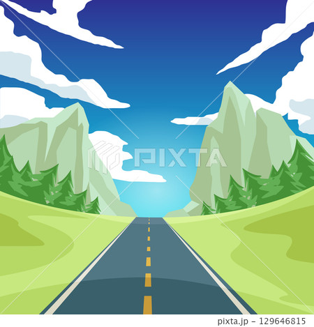 Vector poster of road to goal. Asphalt road ahead with yellow center line. Through bright green landscape with pine trees. Mountain background and blue sky space with white clouds. 129646815