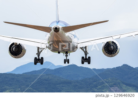 夏の仙台空港　着陸中の飛行機　宮城県名取市 129646920