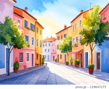水彩風ヨーロッパ街並み、石畳とパステルの建物の風景 129647275