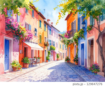 水彩風ヨーロッパ街並み、石畳とパステルの建物の風景 水彩風ヨーロッパ街並み、石畳とパステルの建物の風景 129647276