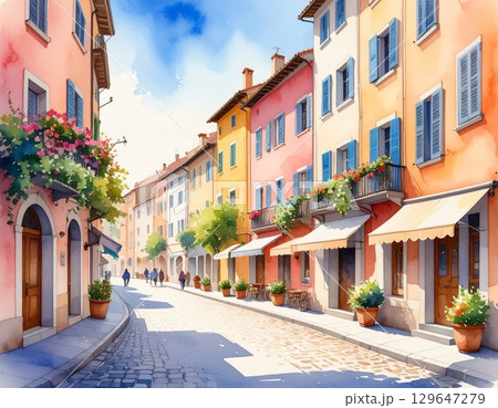 水彩風ヨーロッパ街並み、石畳とパステルの建物の風景 129647279