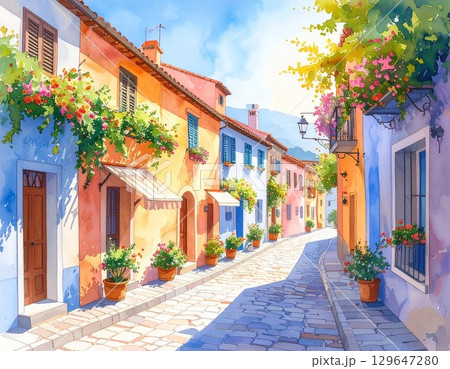水彩風ヨーロッパ街並み、石畳とパステルの建物の風景 129647280