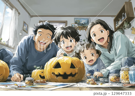 ハロウィンのカボチャランタンを作る親子 129647333