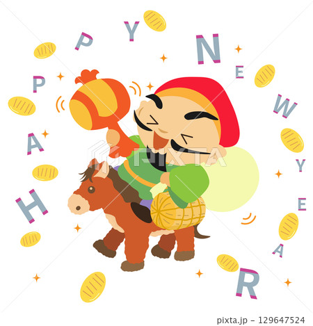 馬のぬいぐるみに乗る大黒様の新年のイラスト 129647524