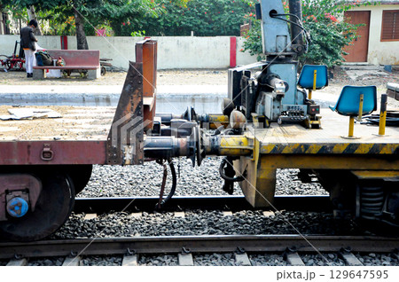 Close-up of Railway Maintenance Wagon Coupling and Equipment Close-up of Railway Maintenance Wagon Coupling and Equipment 129647595