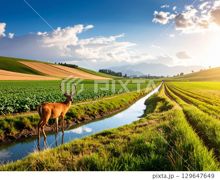 農地に現れたシカ　農作物被害と人間生活への影響　野生動物と農業の環境問題 129647649