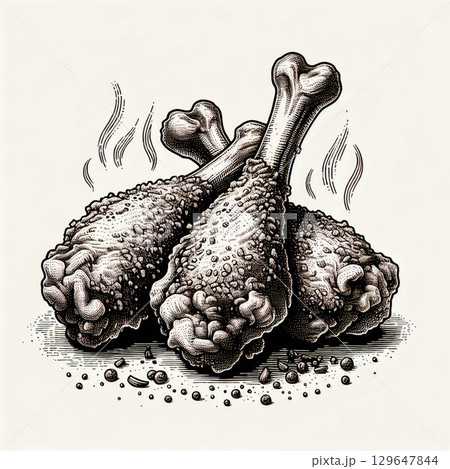 ビンテージなインク彫刻スタイルで描かれたクリスピーチキンドラムスティッ ビンテージなインク彫刻スタイルで描かれたクリスピーチキンドラムスティッ 129647844