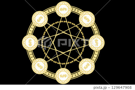 魔法陣、魔法使いのイメージ素材。金色。 魔法陣、魔法使いのイメージ素材。金色。 129647908