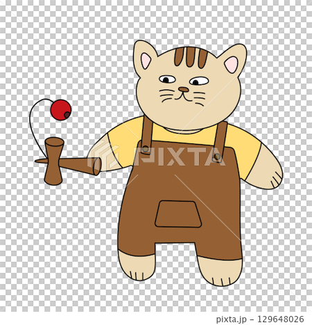 Illustration of a kitten (anthropomorphized) playing kendama 129648026
