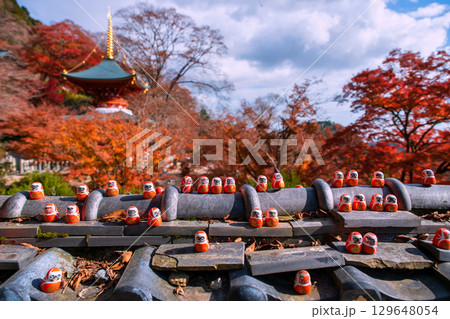 Darumaon roof wall with colorful autumn leaf at Katsuo-ji pagoda, Minoh Darumaon roof wall with colorful autumn leaf at Katsuo-ji pagoda, Minoh 129648054
