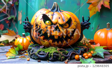 邪悪なジャックオランタン　ハロウィン小物　秋イベント　飾り 129648305