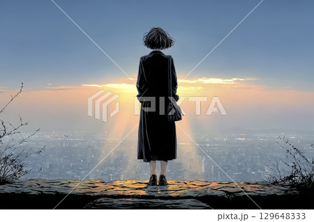 ビジネス街を歩くスーツ姿の女性、朝の通勤風景、日差しの差し込む都会、アニメ風 129648333