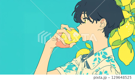 レモンをかじるシティポップな感じの男性 129648525