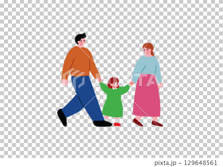 Girl walking hand in hand with parents 129648561