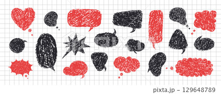 Crayon speech bubble. Vector Set with chalk scribble text. Black and red Retro hand drawn doodle dialogue in sketch style 129648789