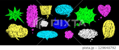 Crayons speech bubbles. Set of crayon comic frames in hand drawn style. Grunge texture. Neon Childish Vector illustration isolated on black background 129648792