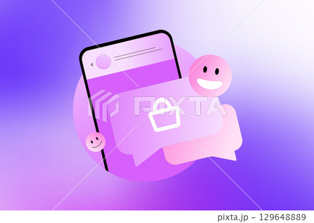 Social commerce concept - mobile phone with chat message and shopping bag icon, symbolizing online shopping, digital marketing and social selling customer engagement. Modern vector illustration Social commerce concept - mobile phone with chat message and shopping bag icon, symbolizing online shopping, digital marketing and social selling customer engagement. Modern vector illustration 129648889