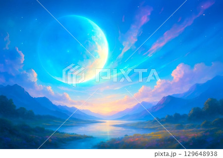 花畑と山々に囲まれた神秘的な世界 129648938