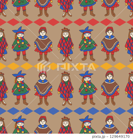 Seamless Pattern of Sami People in Traditional Clothing with Colorful Diamond Motifs on Brown Background 129649170