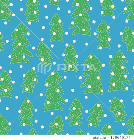 Seamless Winter Pine Tree Pattern with Snow on Blue Background 129649174