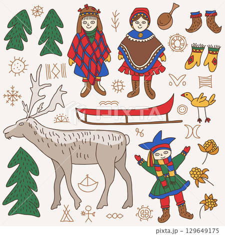 Colorful Sami Indigenous Folk Illustration with Reindeer, People and Winter Symbols. 129649175
