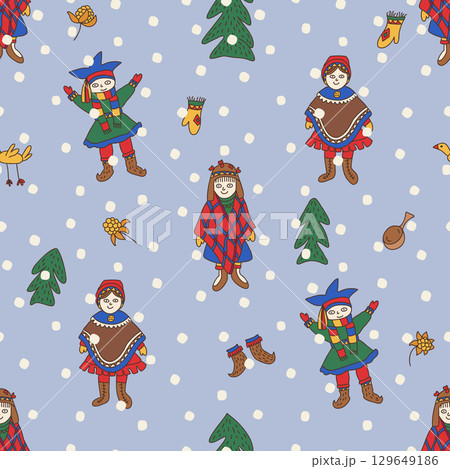 Seamless Pattern of Sami People in Traditional Clothing with Winter Symbols on Blue Background Seamless Pattern of Sami People in Traditional Clothing with Winter Symbols on Blue Background 129649186