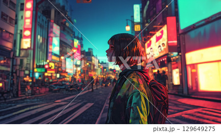 夜の街を歩く若い女性 夜の街を歩く若い女性 129649275