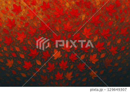 紅葉が舞い散る秋の夕暮れを描いた日本の伝統色抽象油彩画 129649307