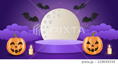Halloween night background with pumpkins, candles, bats, full moon, purple clouds and podium, spooky holiday vector illustration. Halloween night background with pumpkins, candles, bats, full moon, purple clouds and podium, spooky holiday vector illustration. 129649334