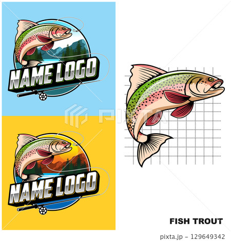Fishing club logo design with trout fish illustration. Rainbow trout fishing illustration. Trout fishing logo design 129649342