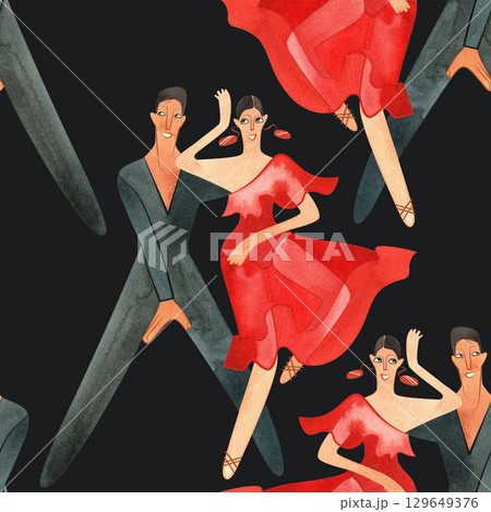 Latin American program of sport ballroom dancing. ProAm show. Seamless pattern for decoration of merch and souvenirs of dance school for adults. Wrapping paper, paper bags, notebook cover 129649376