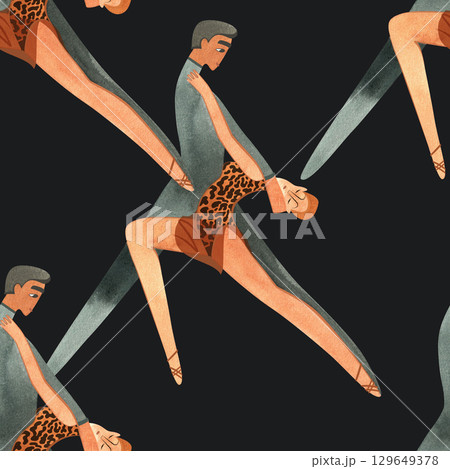 Latin American program of sport ballroom dancing. ProAm show. Seamless pattern for decoration of merch and souvenirs of dance school for adults. Wrapping paper, paper bags, notebook cover 129649378