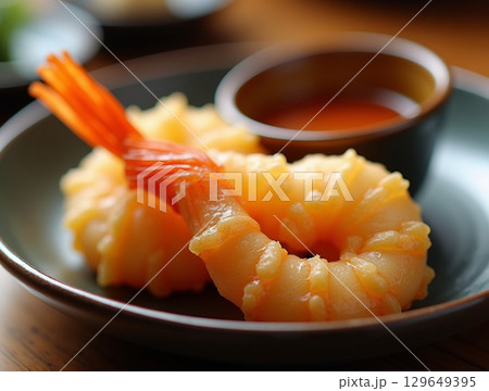 Delicious Golden Tempura Shrimp Appetizer With Sauce On A Wooden Table 129649395