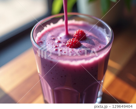 Delicious Raspberry Smoothie in Glass with Fresh Fruit Garnish Drink 129649404